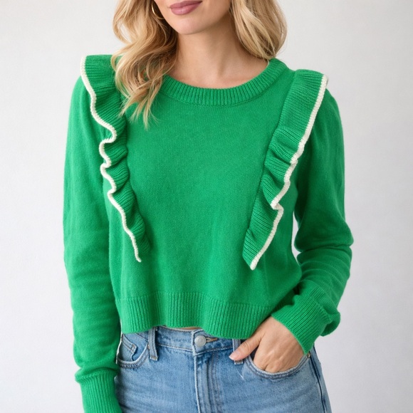 Day + Moon Sweaters - Emerald Green Ruffle Shoulder Sweater Cropped Knit Top Preppy Romantic Medium